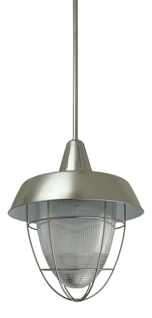 Industrial Style Caged Pendant With Holophane-Like Glass Light Fixture in Polished Nickel by Pottery Barn