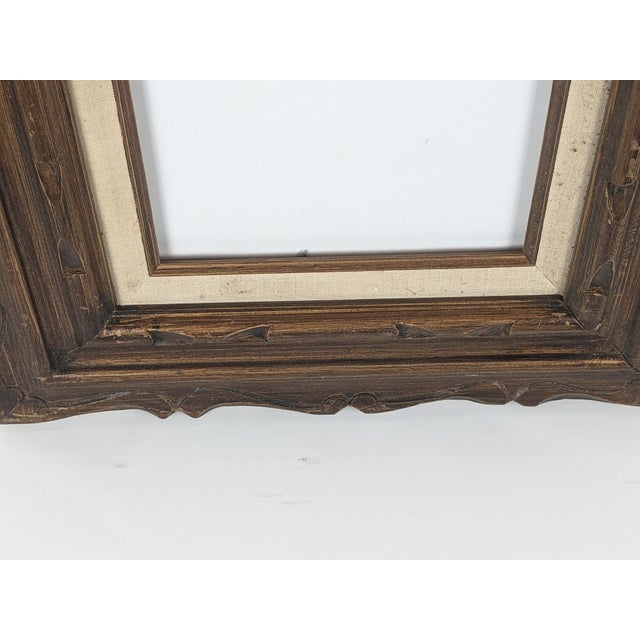 Mid 20th Century Vintage Carved Dark Brown Wood Picture Frame With Cream Linen Liner For Sale - Image 5 of 13