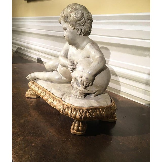 Ceramic Memento Mori Child Skull Figure Sculpture, Faux White Marble, Late 17th Century For Sale - Image 7 of 17