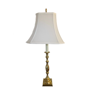 Late 20th Century Baldwin Brass Colonial Style Candlestick Lamp and Shade