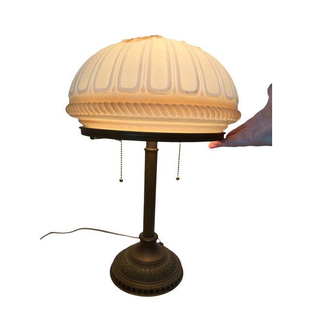 Metal Antique Bradley & Hubbard Bronze Table Lamp With Slag Glass Dome Shade For Sale - Image 7 of 18