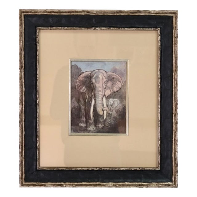 Graphic of an Elephant with Cub, 1920s, Lithograph, Framed For Sale