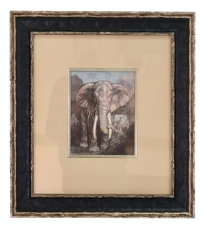 Graphic of an Elephant with Cub, 1920s, Lithograph, Framed