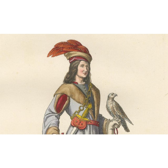Bonnard, Medieval Falconer Figure, Hand-Colored Engraving, 1845 For Sale - Image 4 of 10