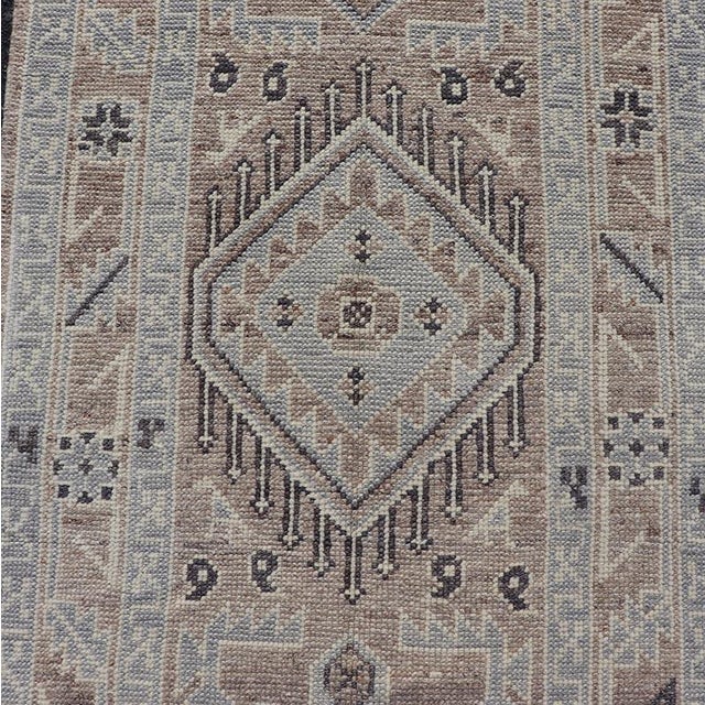 Taupe Turkish Oushak Runner With Soft Beige, Taupe, and Blue Geometric Motifs For Sale - Image 8 of 13