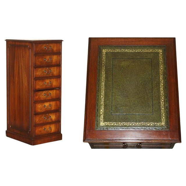 Large Flamed Hardwood 4-Drawer Filing Cabinet with Green Leather Top For Sale - Image 18 of 18