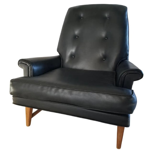 Mid-Century Modern Classic 1950s Heritage Black Lounge Chair Faux Leather Mahogany For Sale - Image 3 of 15