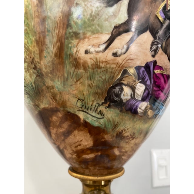 Rare 19th century French Sèvres-Style porcelain vase turned into a lamp, The main body is hand-painted, with a continuous...