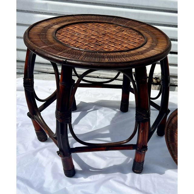 Wood 1970s Burnt Bamboo and Rattan 6-Leg Nesting Tables by Turtle and Crane - Styled After Gabriella Crespi - A Pair For Sale - Image 7 of 10