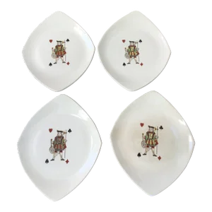 1950s Vintage American Limoges Porcelain Casino Jack Playing Card Pattern Set of 4 Salad Plates