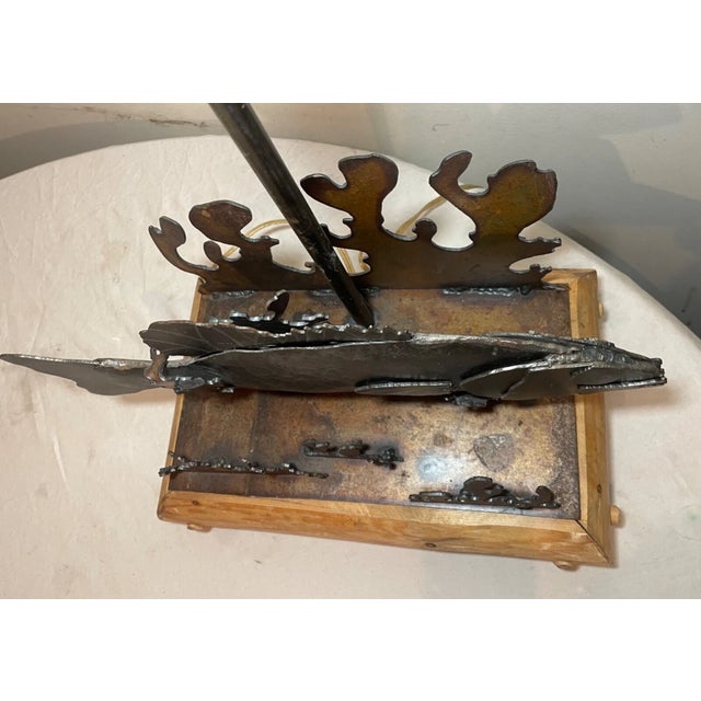 Vintage Handmade Folk Art Cut Sculpted Steel Metal Wood Figural Fish Table Lamp For Sale - Image 11 of 12