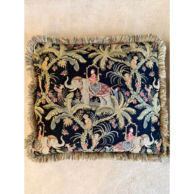 Black Vintage Chinoiserie Tapestry Throw Pillows With Elephants and Monkeys - A Pair For Sale - Image 8 of 13