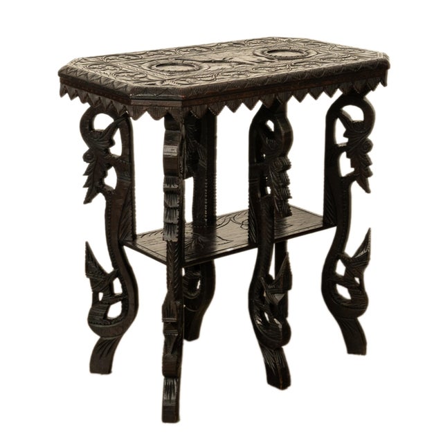 Antique Carved Anglo Indian Teak Wood Elephant Twin Tier Lamp Side Table 1900 For Sale - Image 4 of 17