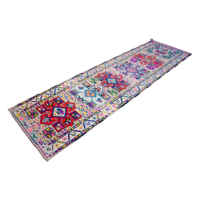 Cream 1970s Runner Rug Turkish Hand-Knotted Rug Colorful Tribal Hallway Decor Kitchen Runner 3x10 Ft Approx For Sale - Image 8 of 18