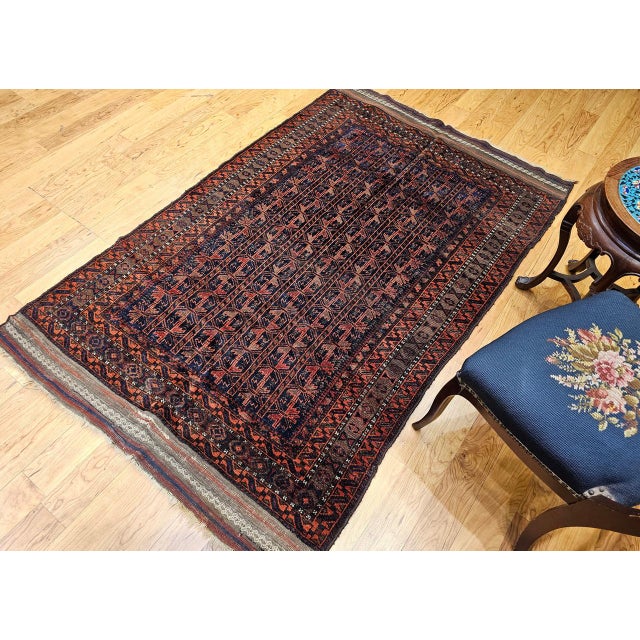 Vintage Baluch Tribal Area Rug in Allover Geometric Pattern in Navy Blue, Brown, Dark Red For Sale - Image 11 of 18