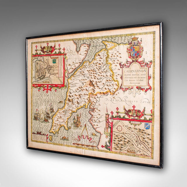 English Antique Caernarvon Map, Framed Cartography, Welsh County, John Speed, Circa 1610 For Sale - Image 3 of 12