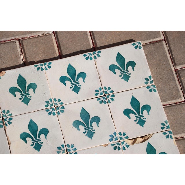 Antique 19th Century Portuguese Heraldic Motif Tiles With Teal Fleur-De-Lis Set of 28 For Sale - Image 11 of 14