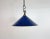 Industrial blue enamel factory pendant light made in United Kingdom during the 1950s. White enamel inside the shade. Brass...