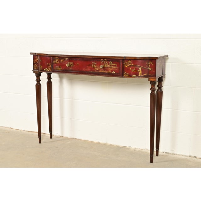 Maitland Smith English Regency Chinoiserie Hand-Painted Red Lacquered Console Table For Sale - Image 14 of 14