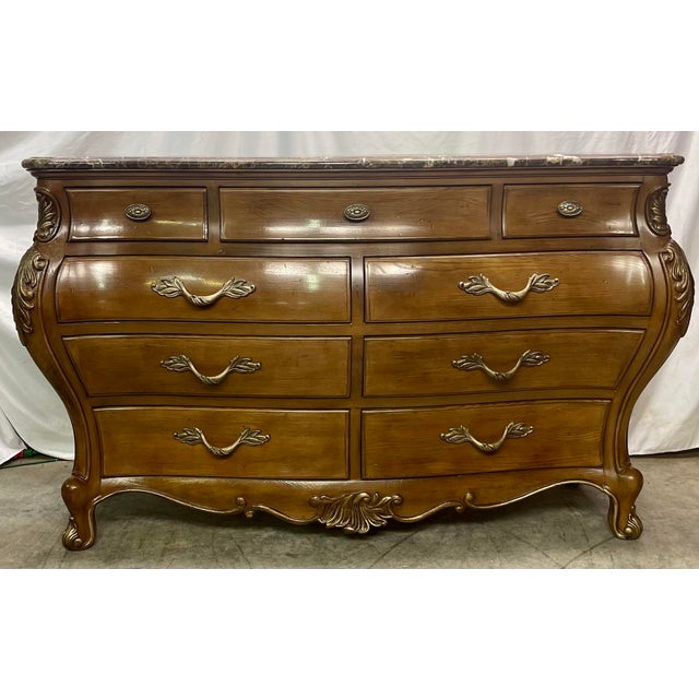 Vintage Henredon French Style Marble Top Solid Oak Bombe Chest