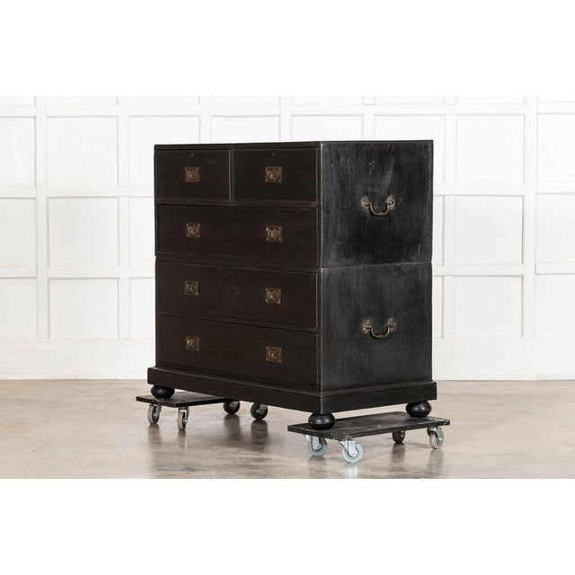 Large 19th Century English Ebonised Teak Campaign Chest Drawers, 1880 For Sale - Image 3 of 16