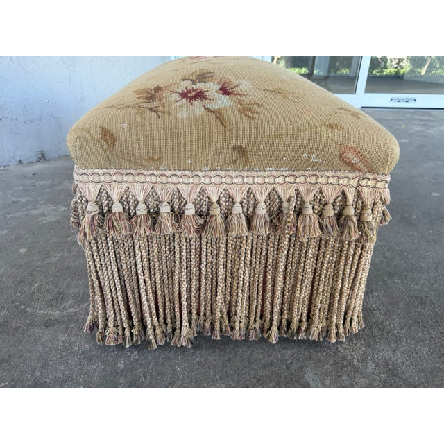 Textile Vintage Floral Needlepoint Upholstered Ottoman With Tassel & Bullion Fringe For Sale - Image 7 of 8