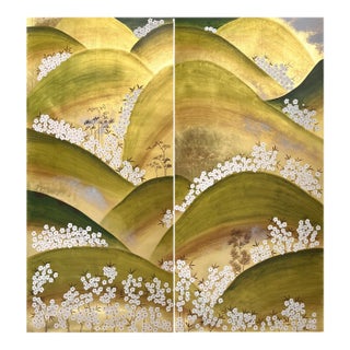 Oriental Gold Foil Landscape Wall Panels, Hand‑painted Mountain Sakura Mural For Sale