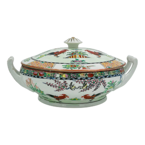 Vintage Chinoiserie Famille Rose Porcelain Covered Tureen Centerpiece - Rooster and Bok Choy Cabbage