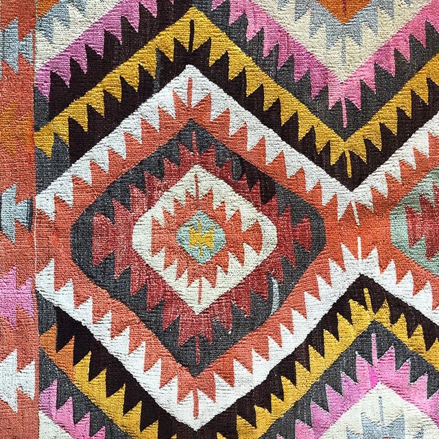 Tribal Turkish Kilim Geometric Flat Weave Tribal Rug in Pastel Pink Yellow Black and Orange - 3′5″ × 5′ For Sale - Image 3 of 5