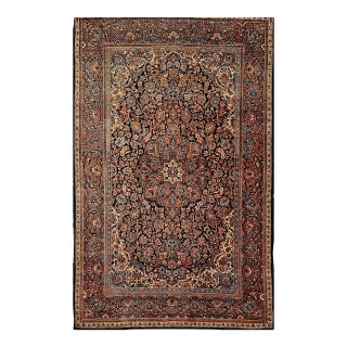 Vintage Persian Kashan Rug, Hand-Knotted Wool, Floral Pattern, Navy & Blue, 5x7 For Sale