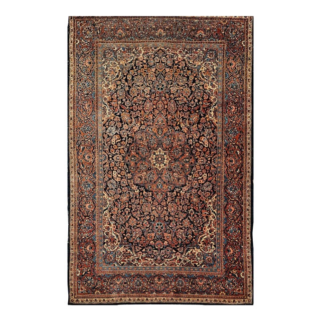 Vintage Persian Kashan Rug, Hand-Knotted Wool, Floral Pattern, Navy & Blue, 5x7 For Sale