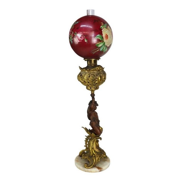 19th Century Bradley & Hubbard Victorian Brass, Bronze, Marble & Glass Figural Oil Lamp For Sale - Image 12 of 14