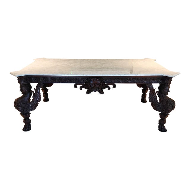 Antique Italian Renaissance Revival Library Dining Table Marble & Mahogany For Sale