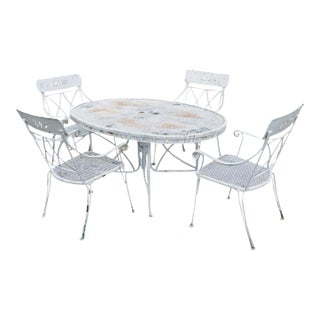 Vintage Wrought Iron Salterini Style Garden Patio Dining Table & 4 Chairs, Attributed For Sale