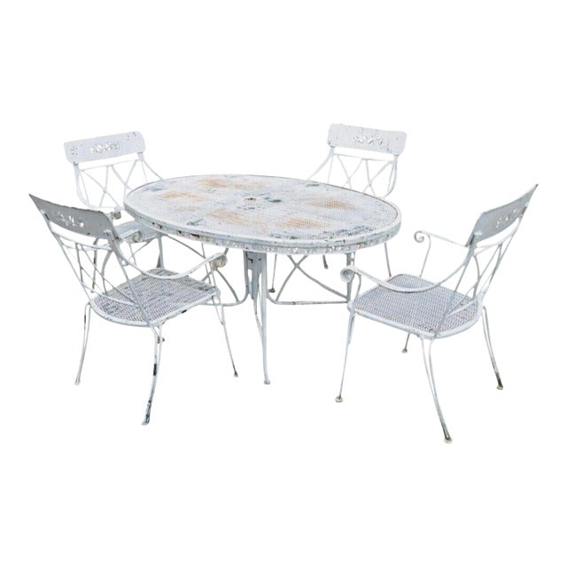 Vintage Wrought Iron Salterini Style Garden Patio Dining Table & 4 Chairs, Attributed For Sale