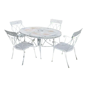 Vintage Wrought Iron Salterini Style Garden Patio Dining Table & 4 Chairs, Attributed