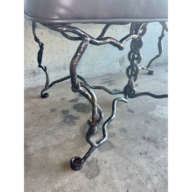 Vintage Sculptural Forged Iron and Leather Bench in the Style of Giacometti For Sale In Miami - Image 6 of 7