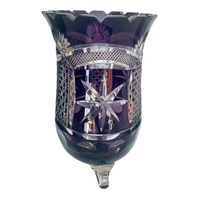 Vintage Thick and Heavy Hand Cut Purple Crystal Vase For Sale