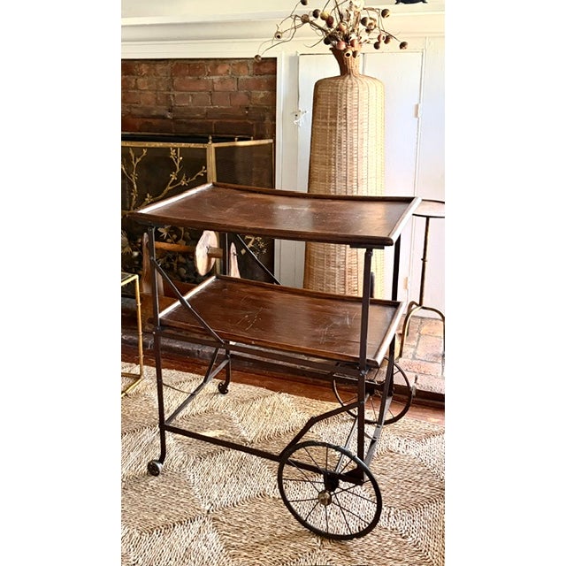 Industrial Antique Wood and Metal Industrial Rolling Tea or Bar Cart - Hotel Trolley For Sale - Image 3 of 11