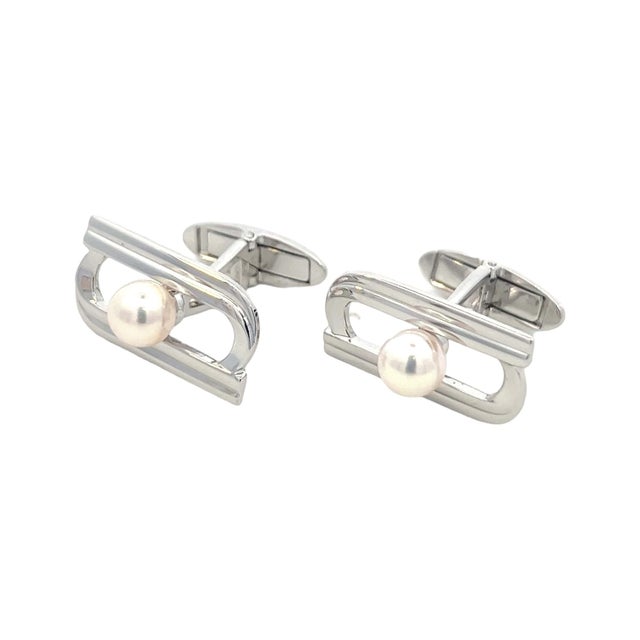 Metal 1990s Pair of Mikimoto Estate Akoya Pearl Cufflinks Silver 6.15 mm For Sale - Image 7 of 8