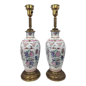 1940s Hand Painted Porcelain Garniture Vase Lamp - a Pair