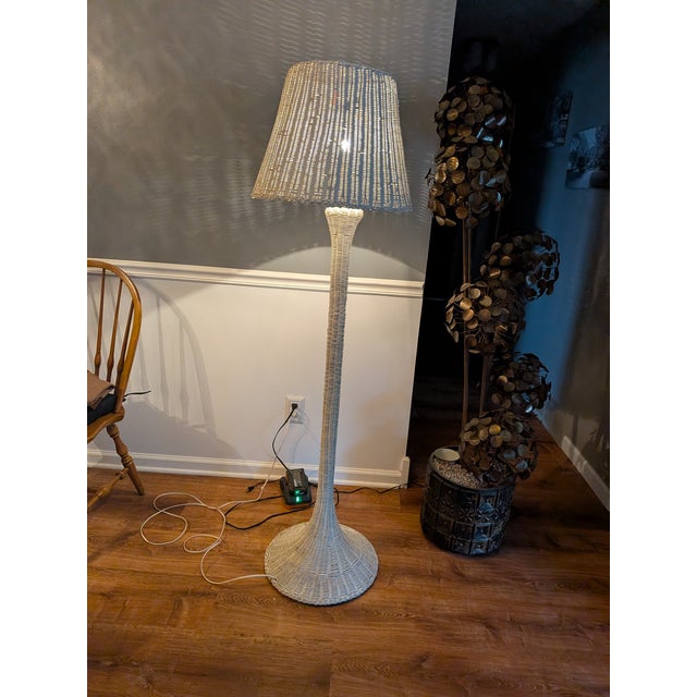 Vintage White Wood Wicker Floor Lamp For Sale - Image 9 of 12