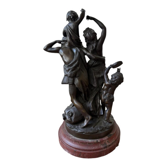 French Rococo Continental Bronze Statue After Clodion Faun Family. Sits on a Red Marble Stand For Sale