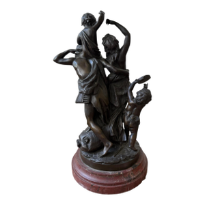 French Rococo Continental Bronze Statue After Clodion Faun Family. Sits on a Red Marble Stand