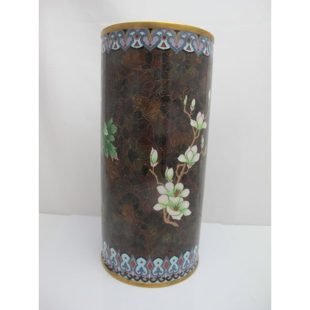 Large Cloisonne Enamel Flower & Butterfly Vase or Umbrella Stand For Sale - Image 4 of 12