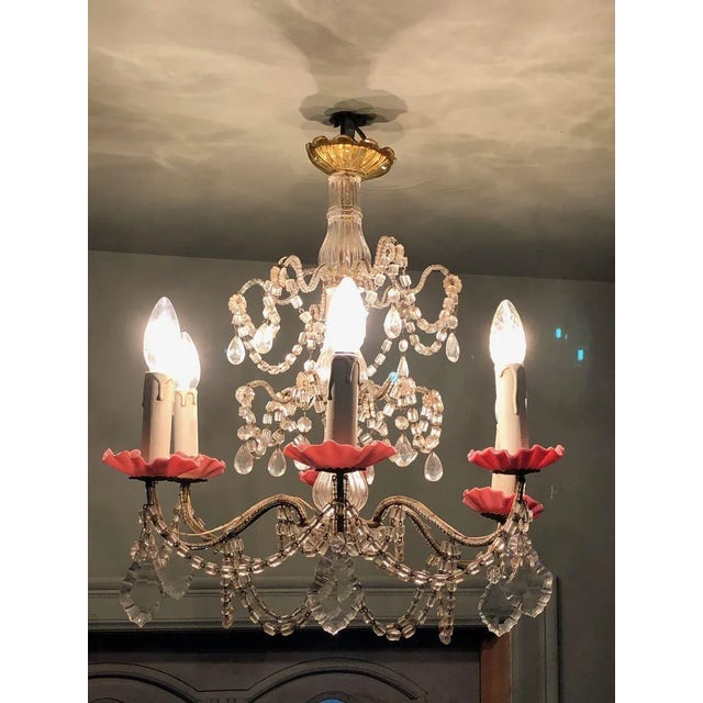 Chandelier 6 lamps, glass pink European Plug (up to 250V).The wiring of this item may be original and might need...