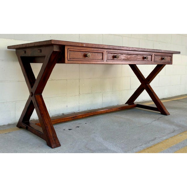 Original retail $4705, stylish Jonathan Charles Rustic Casual Desk, mahogany finished drift wood, three drawers, antique...