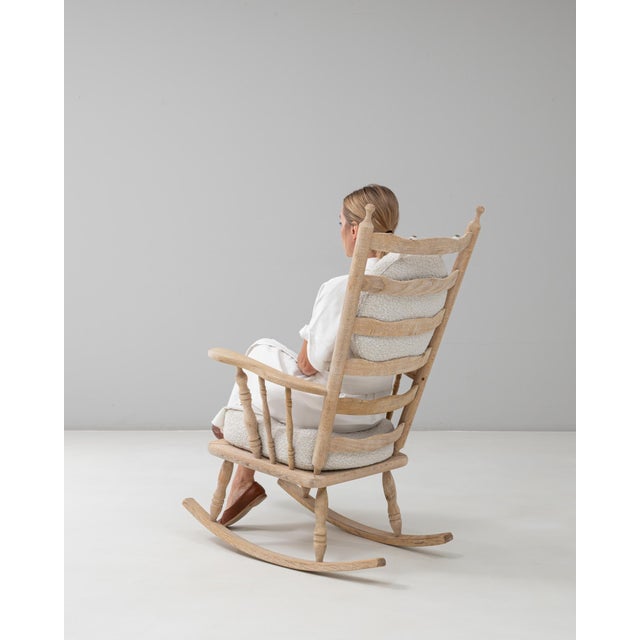 Mid 20th Century 20th Century French Spindle-Back Oak Rocking Chair with Bouclé Cushions For Sale - Image 5 of 18