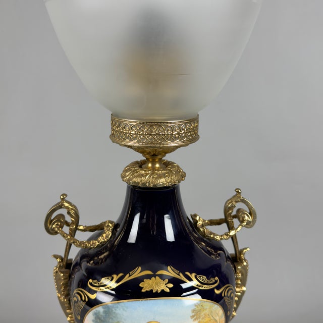 Metal Antique French Table Lamp in Porcelain, Brass and Satin Glass For Sale - Image 7 of 15