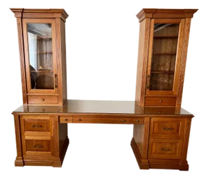 Large Architectural Executive Office Suite – Desk + Dual Display Towers + Matching Cabinet